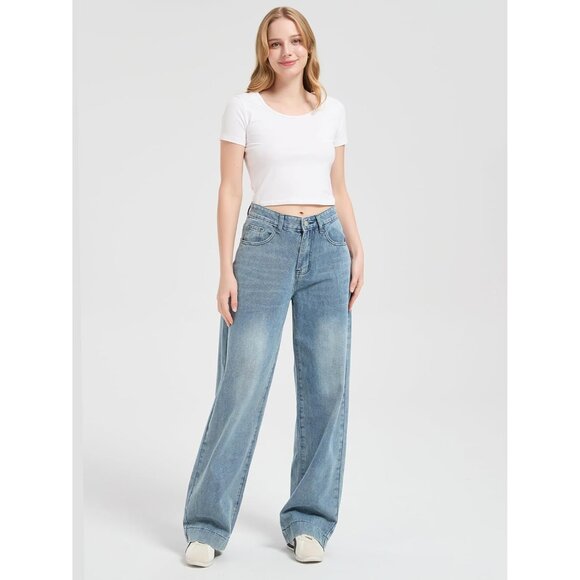 Women Wide Leg Baggy Jeans Y2K Vintage Denim Mid Waist Distressed Casual - Picture 6 of 7